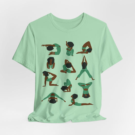 Unisex tee with Black women in green yoga poses in a grid, celebrating wellness, mindfulness, and self-care.
