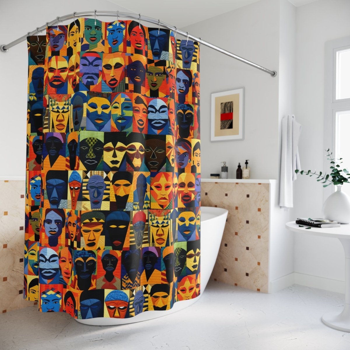 Quilted Faces Shower Curtain - Afrocentric Art by The Trini Gee