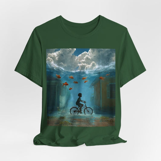 Adult unisex shirt with a young Black boy biking through a flooded street beneath floating goldfish in a surreal sky.