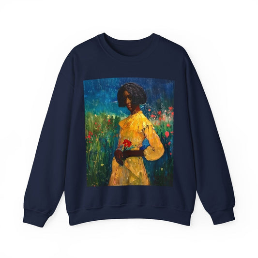 Woman in Flower Field Sweatshirt - Afrocentric Art by The Trini Gee