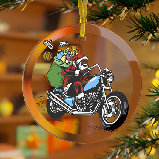 Santa on Motorcycle Glass Ornament