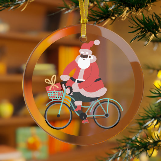 Santa Bike Glass Ornament