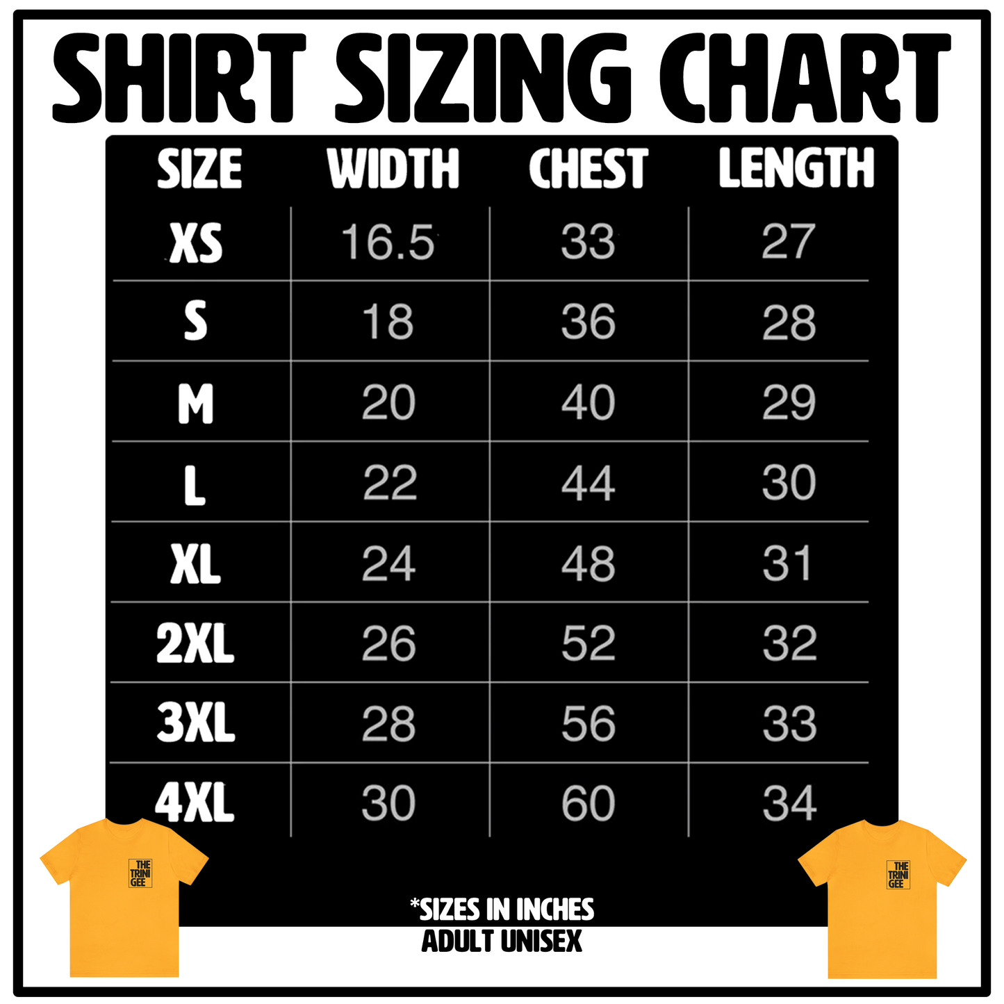 The Trini Gee sizing chart