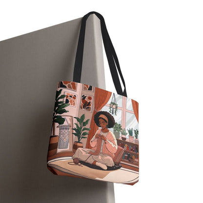 Afro Girl Knitting Tote Bag - Afrocentric Art by The Trini Gee