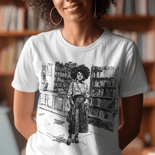 Afro Library Girl T-Shirt - Afrocentric Art by The Trini Gee