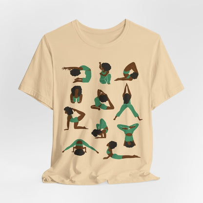 Unisex tee with Black women in green yoga poses in a grid, celebrating wellness, mindfulness, and self-care.