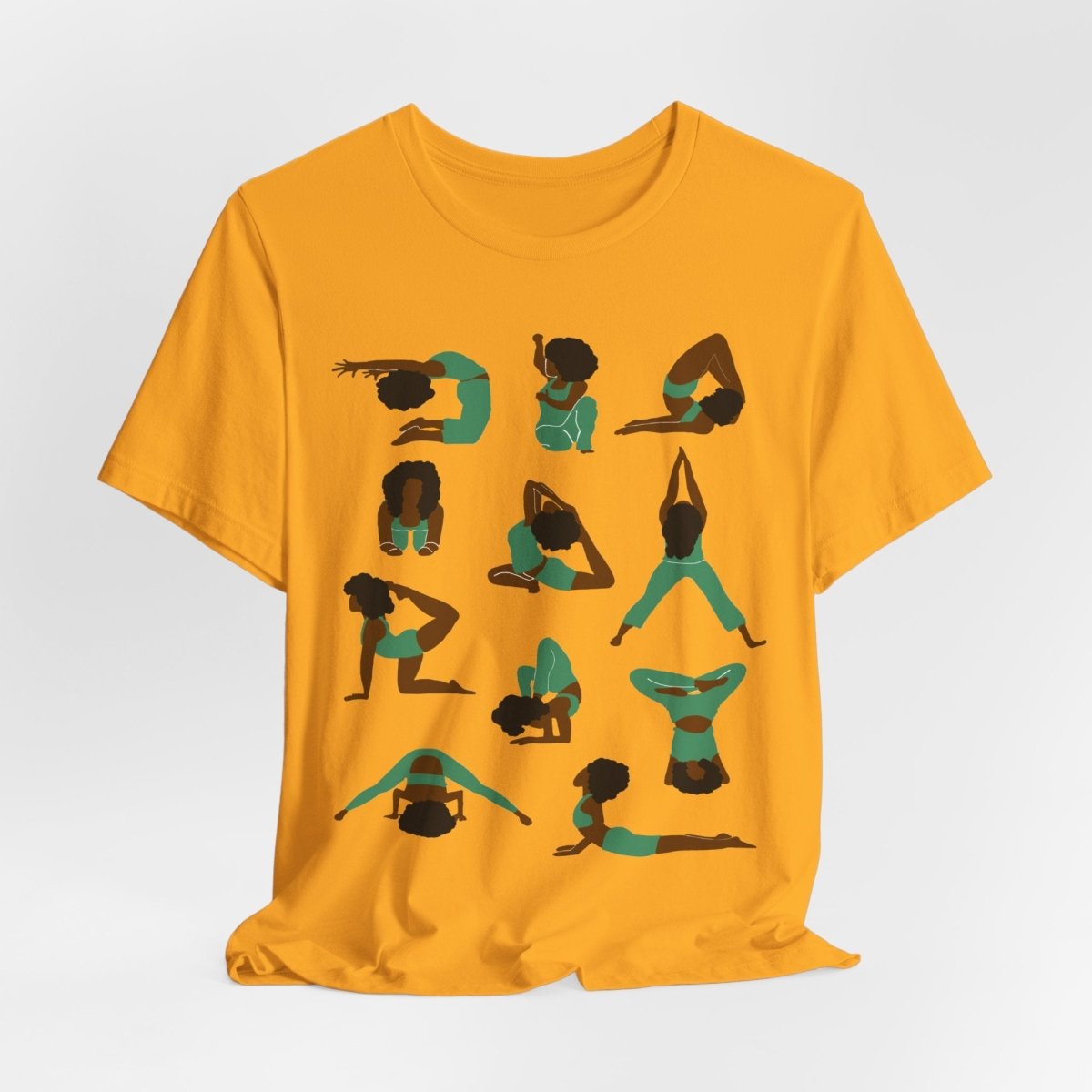 Unisex tee with Black women in green yoga poses in a grid, celebrating wellness, mindfulness, and self-care.