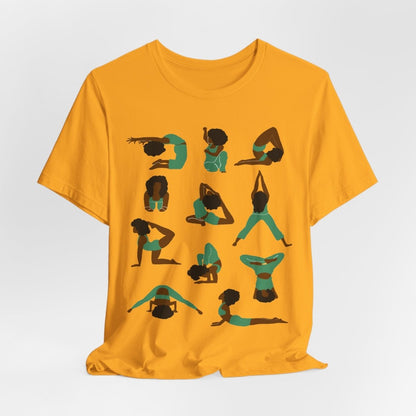 Unisex tee with Black women in green yoga poses in a grid, celebrating wellness, mindfulness, and self-care.