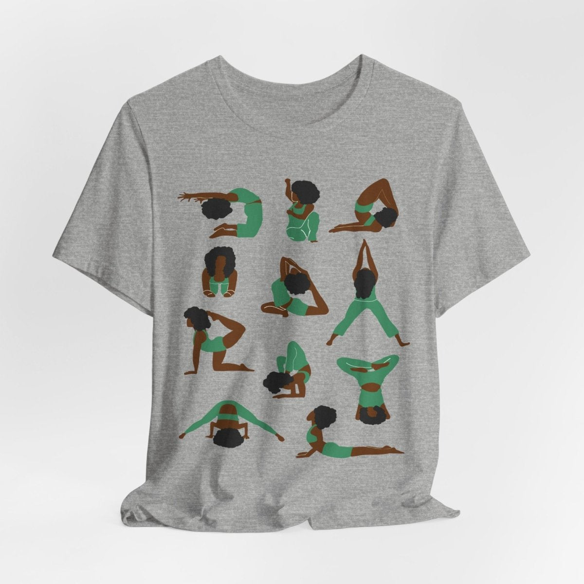 Unisex tee with Black women in green yoga poses in a grid, celebrating wellness, mindfulness, and self-care.