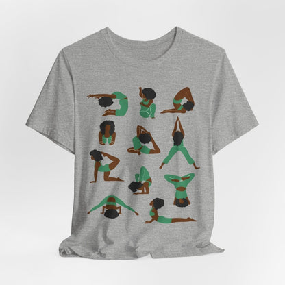 Unisex tee with Black women in green yoga poses in a grid, celebrating wellness, mindfulness, and self-care.