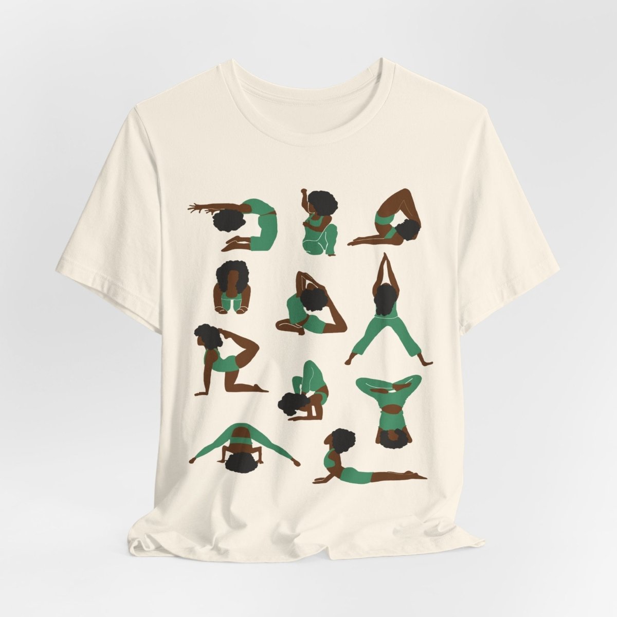 Unisex tee with Black women in green yoga poses in a grid, celebrating wellness, mindfulness, and self-care.