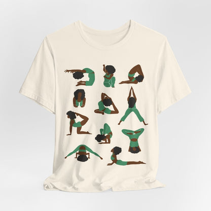 Unisex tee with Black women in green yoga poses in a grid, celebrating wellness, mindfulness, and self-care.