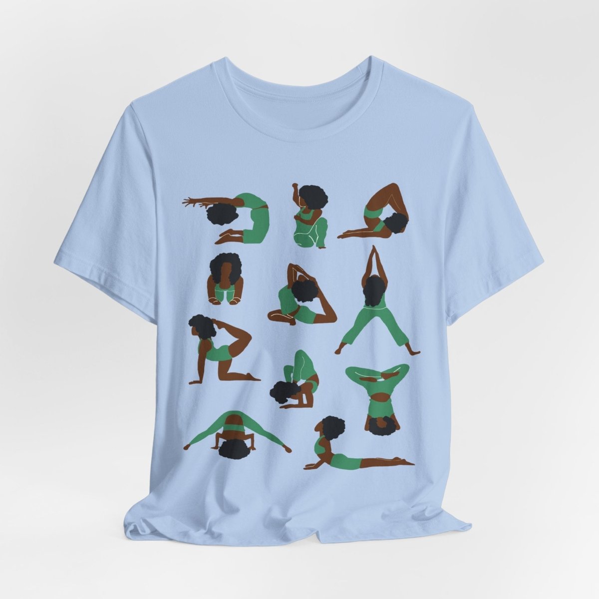 Unisex tee with Black women in green yoga poses in a grid, celebrating wellness, mindfulness, and self-care.