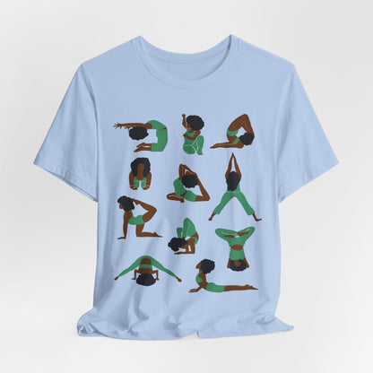 Unisex tee with Black women in green yoga poses in a grid, celebrating wellness, mindfulness, and self-care.