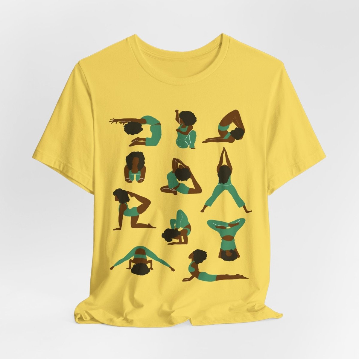 Unisex tee with Black women in green yoga poses in a grid, celebrating wellness, mindfulness, and self-care.