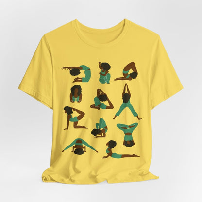 Unisex tee with Black women in green yoga poses in a grid, celebrating wellness, mindfulness, and self-care.