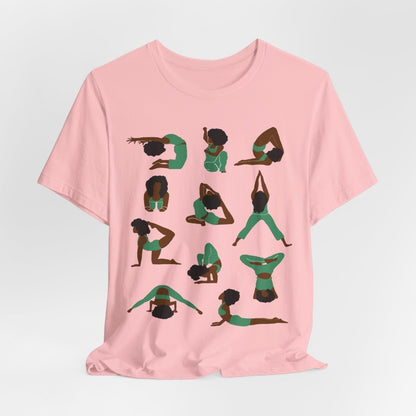 Unisex tee with Black women in green yoga poses in a grid, celebrating wellness, mindfulness, and self-care.