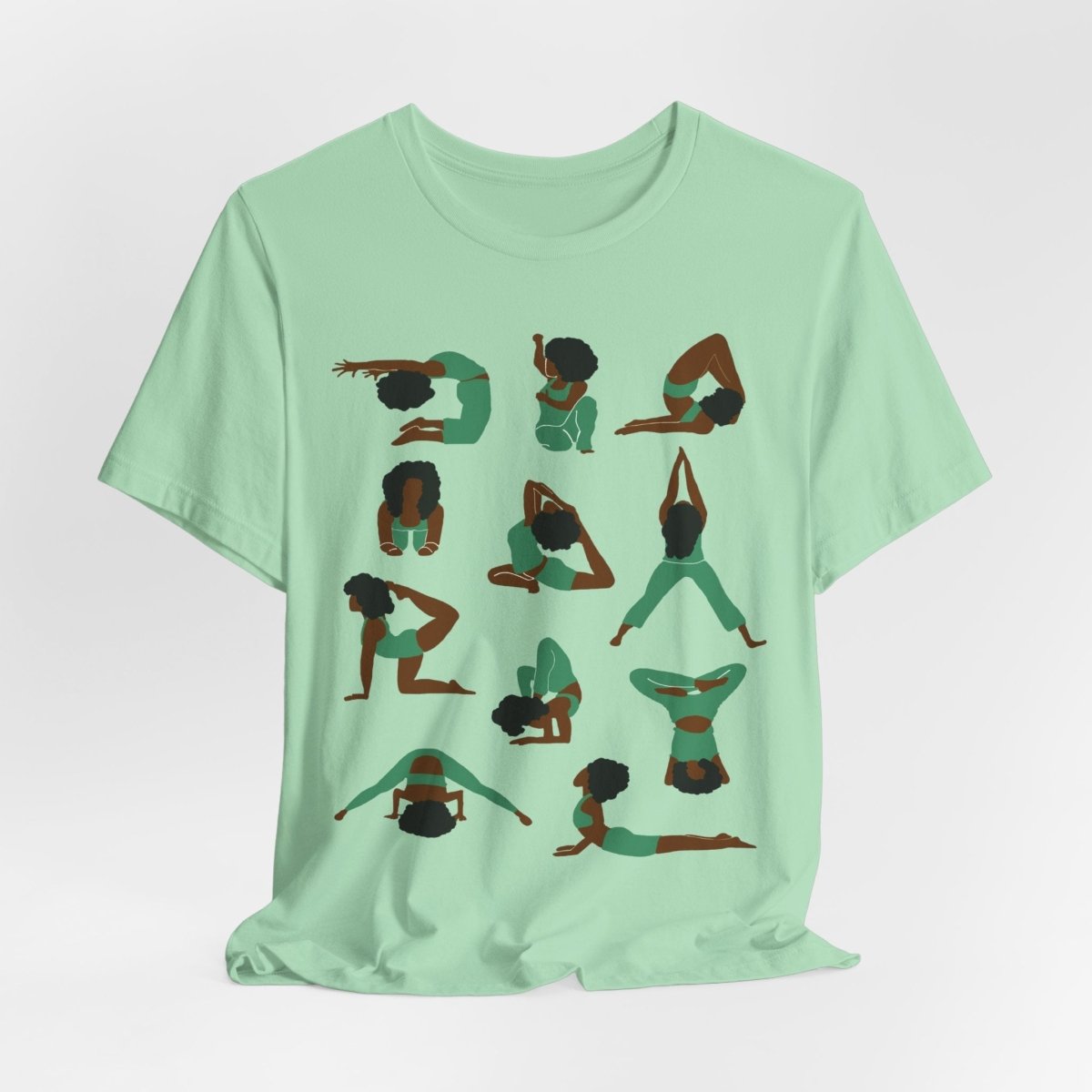 Unisex tee with Black women in green yoga poses in a grid, celebrating wellness, mindfulness, and self-care.