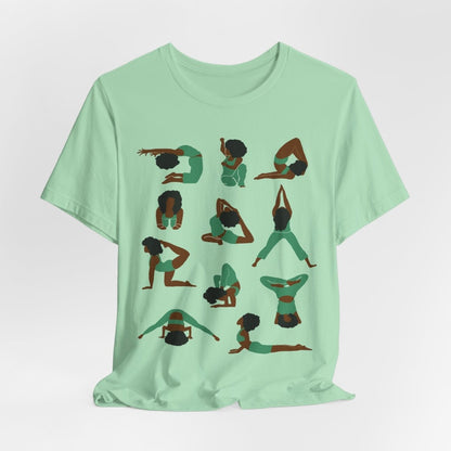 Unisex tee with Black women in green yoga poses in a grid, celebrating wellness, mindfulness, and self-care.