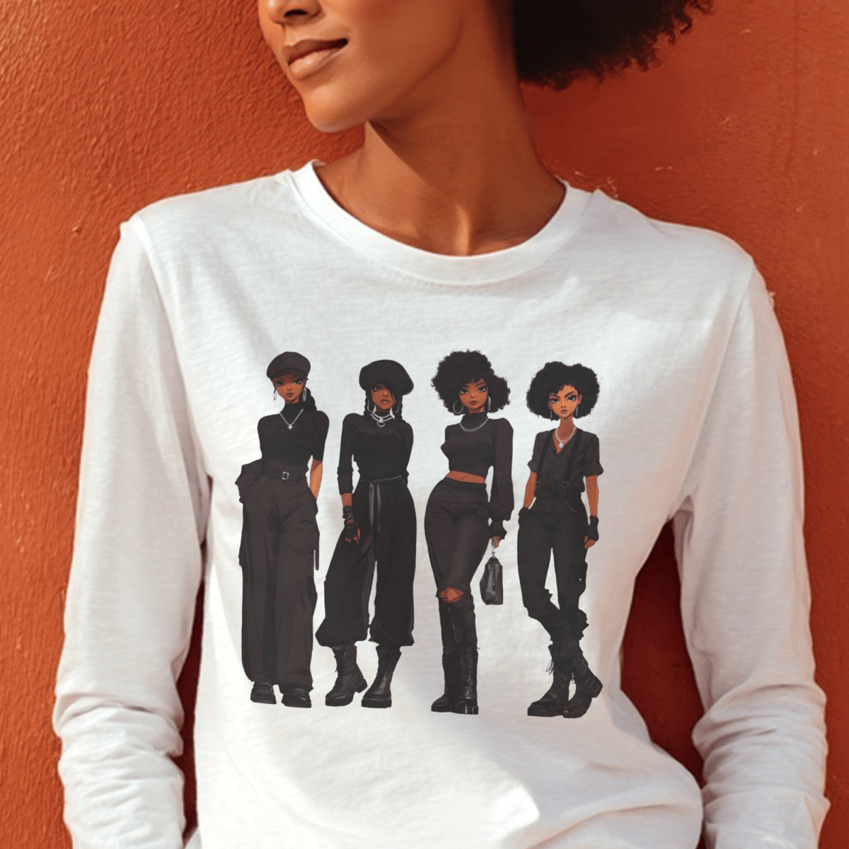 All Black Crew Long Sleeve Shirt - Afrocentric Art by The Trini Gee
