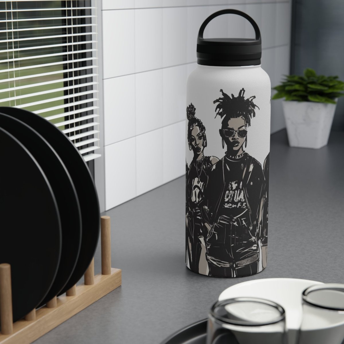 All Black Fashion 32oz Water Bottle - Afrocentric Art by The Trini Gee