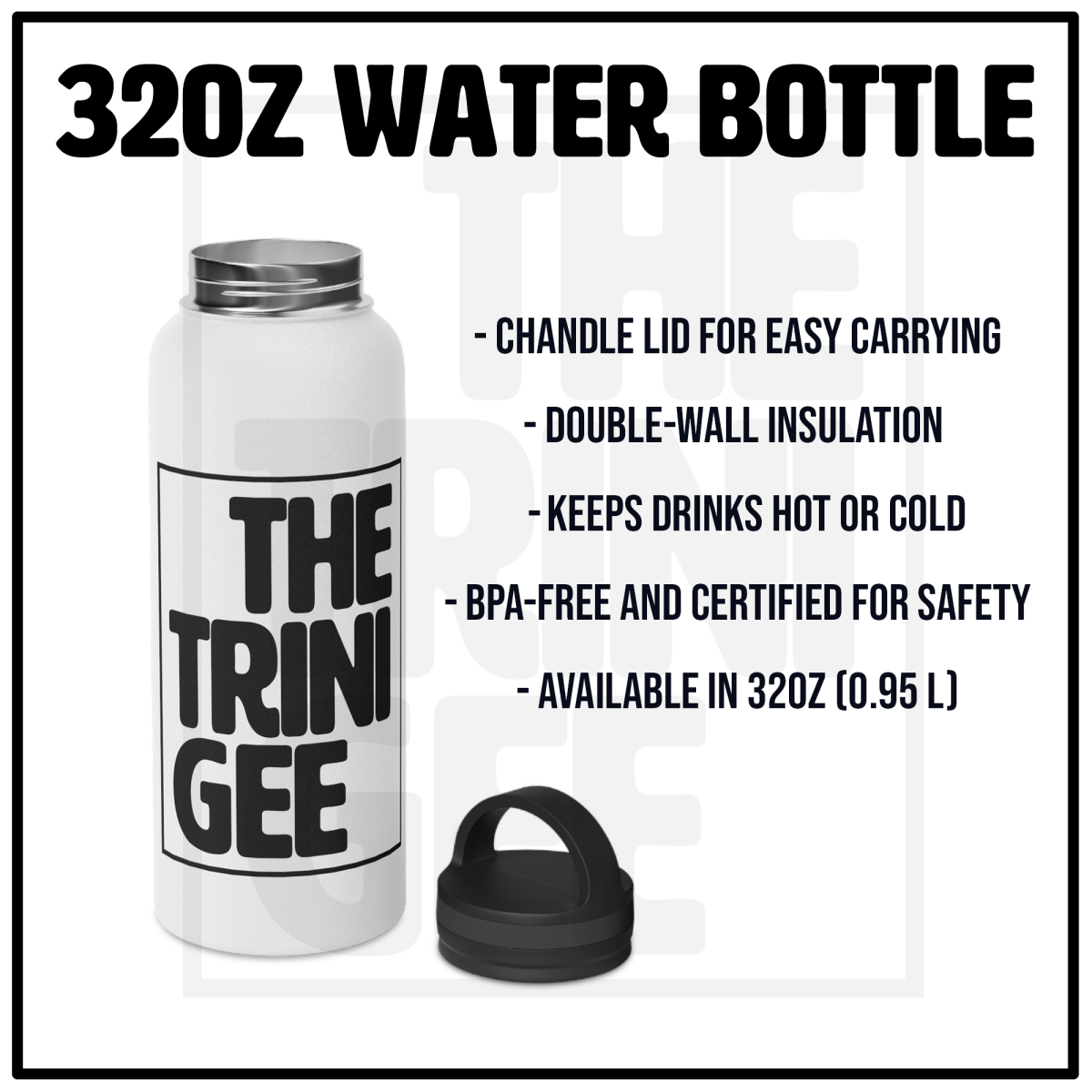 All Black Fashion 32oz Water Bottle - Afrocentric Art by The Trini Gee