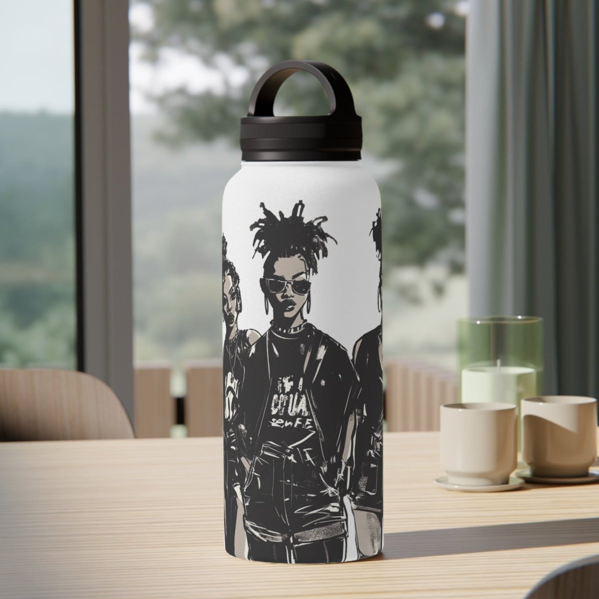 All Black Fashion 32oz Water Bottle - Afrocentric Art by The Trini Gee