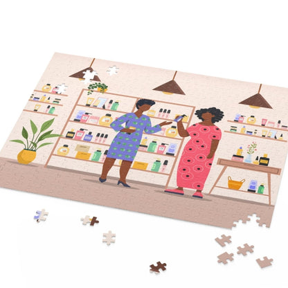 Jigsaw puzzle with two Black women in a store setting on a white background