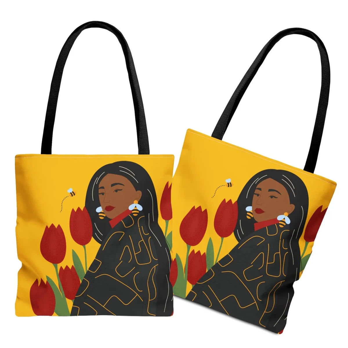 Bees and Tulips Tote Bag - Afrocentric Art by The Trini Gee
