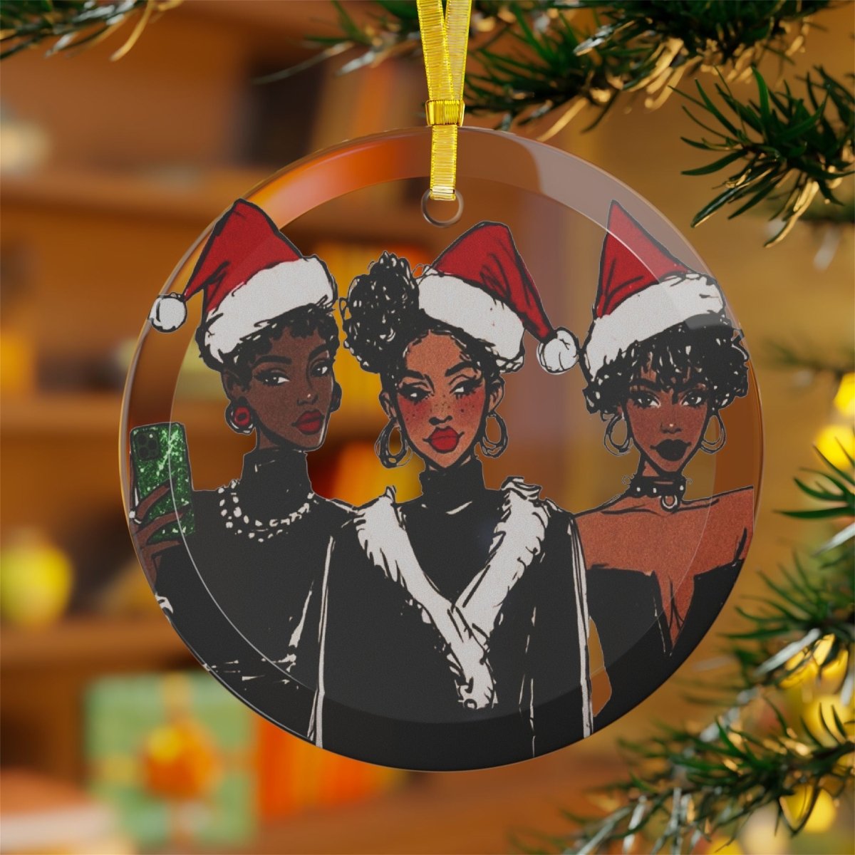 Black Girl Xmas Glass Ornament - Afrocentric Art by The Trini Gee
