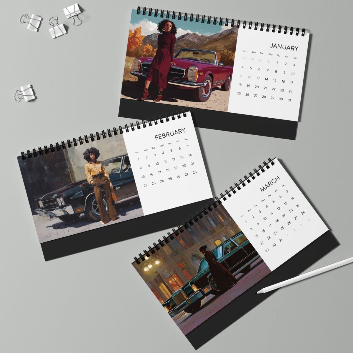 Black Girls with Cars 2026 Desktop Calendar - Afrocentric Art by The Trini Gee