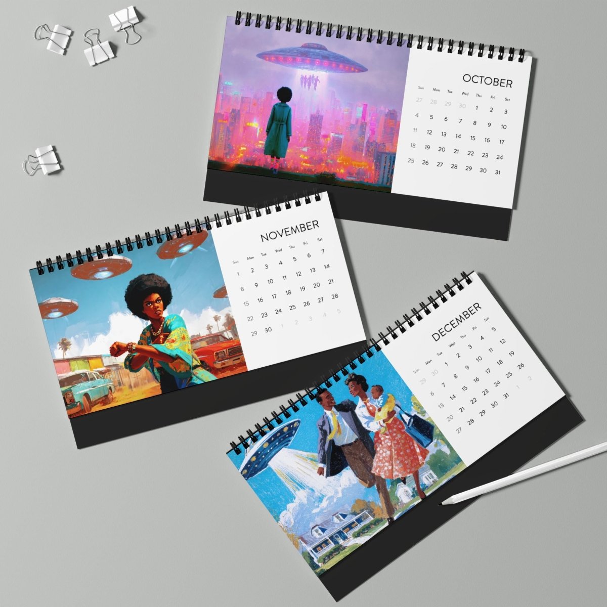 Black Girls with UFOs 2026 Desk Calendar - Afrocentric Art by The Trini Gee