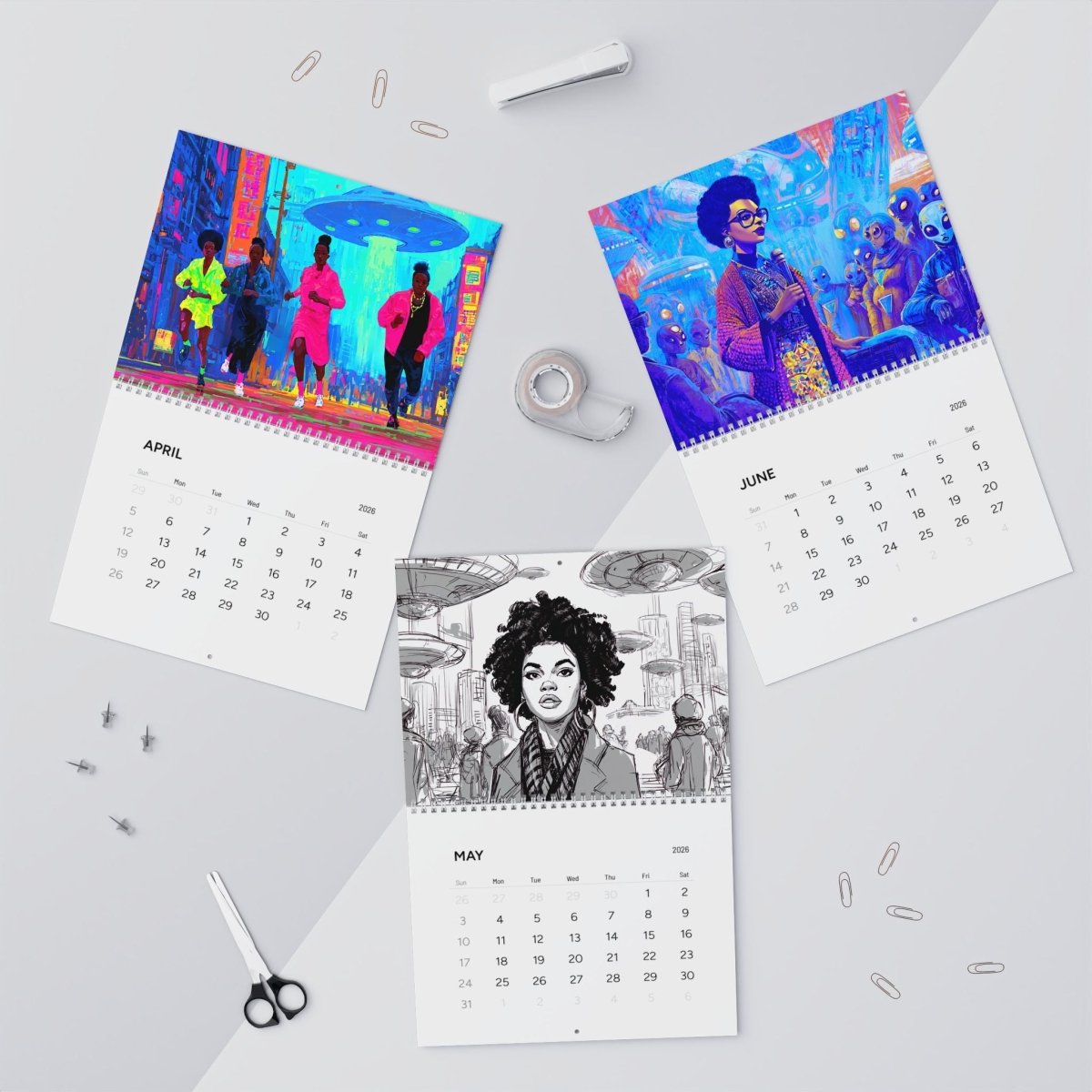 Black Girls with UFOs 2026 Wall Calendar - Afrocentric Art by The Trini Gee