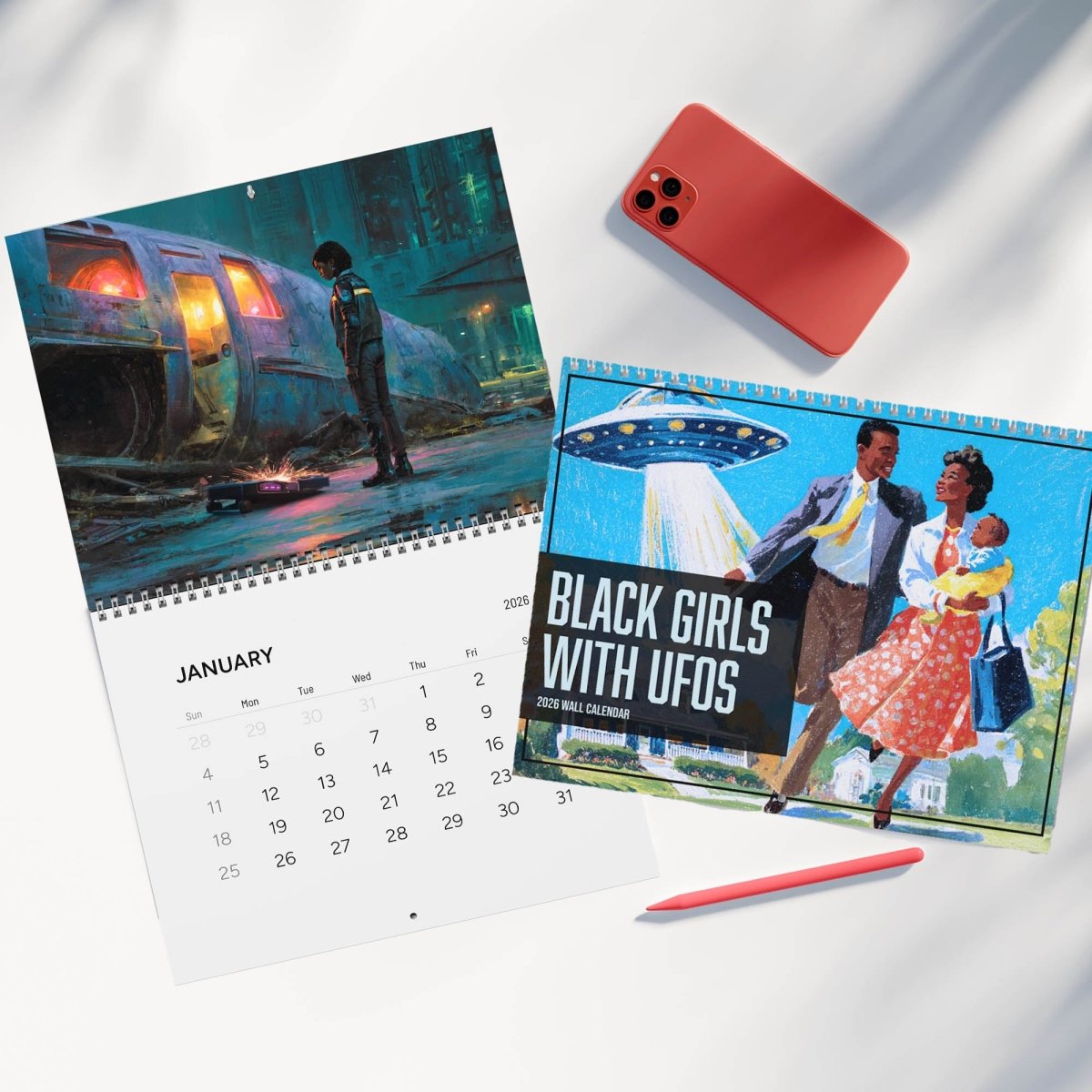 Black Girls with UFOs 2026 Wall Calendar - Afrocentric Art by The Trini Gee
