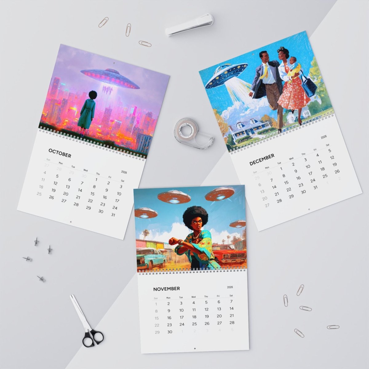Black Girls with UFOs 2026 Wall Calendar - Afrocentric Art by The Trini Gee