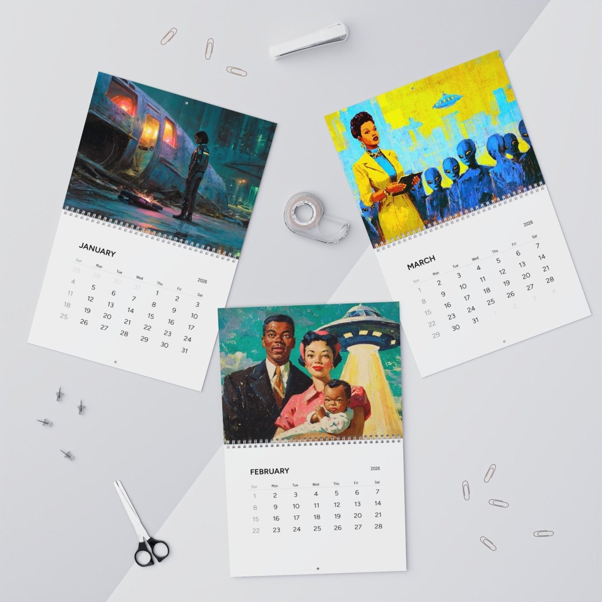 Black Girls with UFOs 2026 Wall Calendar - Afrocentric Art by The Trini Gee