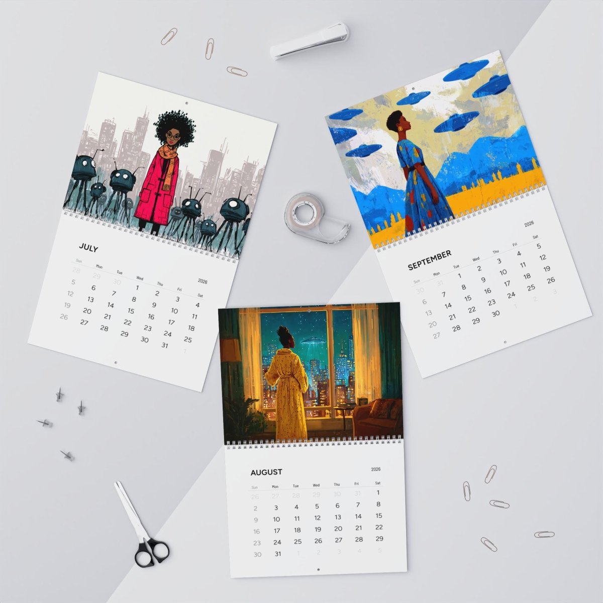 Black Girls with UFOs 2026 Wall Calendar - Afrocentric Art by The Trini Gee