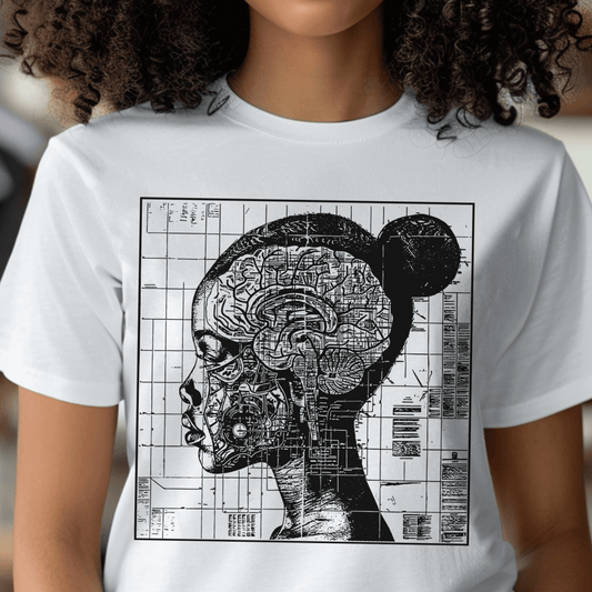 Adult unisex tee with a Black woman’s profile, exposed brain and nerves, on a vintage scientific grid in black ink.