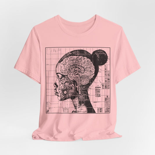 Adult unisex tee with a Black woman’s profile, exposed brain and nerves, on a vintage scientific grid in black ink.