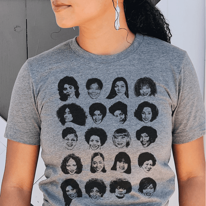 Adult unisex shirt featuring Black actresses who played TV moms, shown in a clean grid of iconic faces.