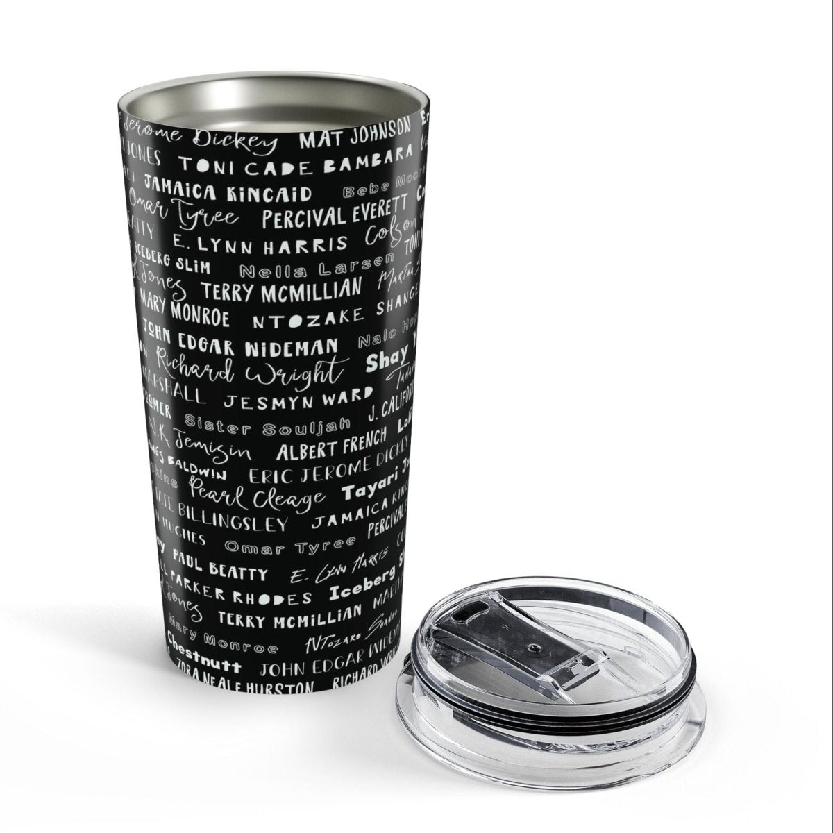 20oz travel mug featuring the names of Black American writers and others from the diaspora. 