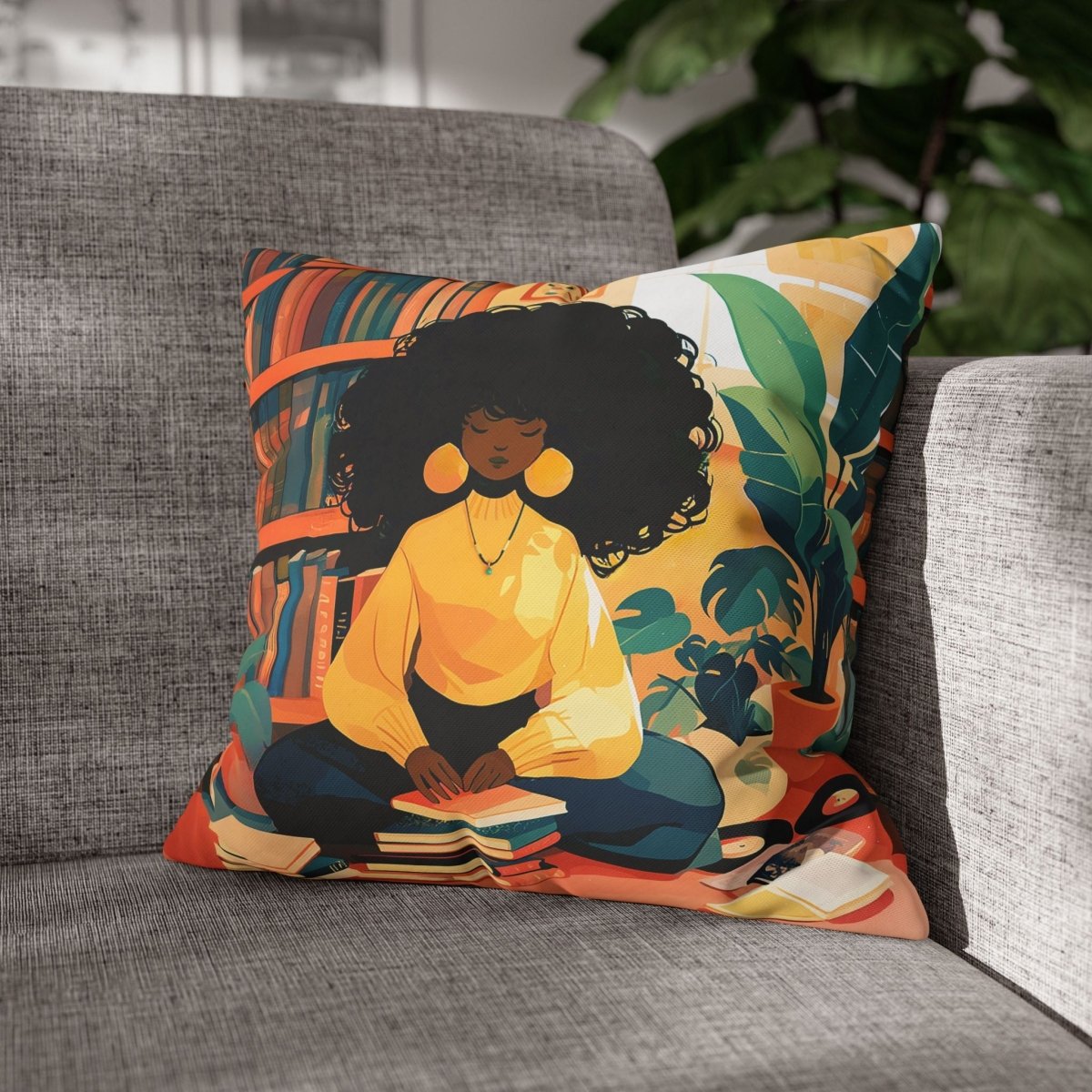 Bookish Girl Pillow - Afrocentric Art by The Trini Gee