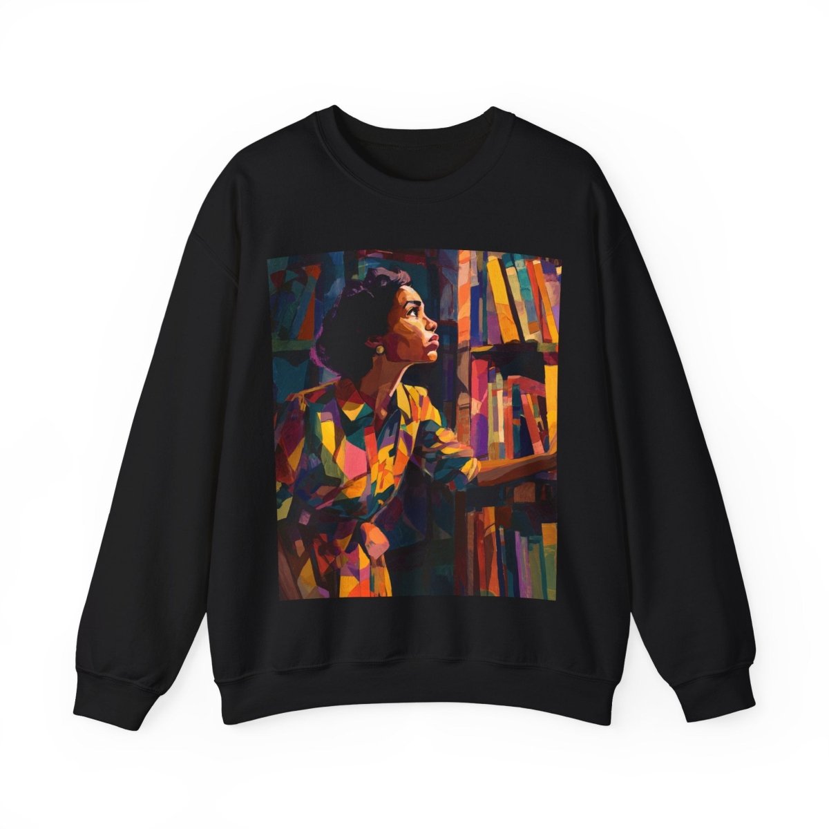 Bookshelf Lady Sweatshirt - Afrocentric Art by The Trini Gee