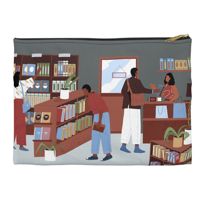 Pouch with illustration of Black people in a bookstore on a gray background