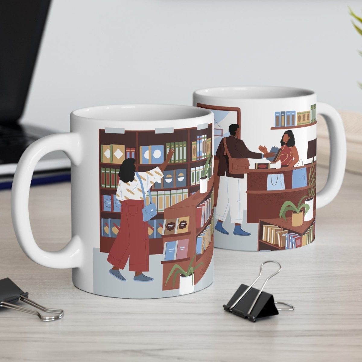 All over print reveal of Black bookstore scene on 11oz mugs