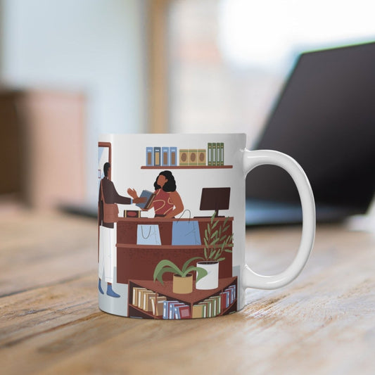 Mug with illustration of Black bookstore or library scene with brown skin patrons.
