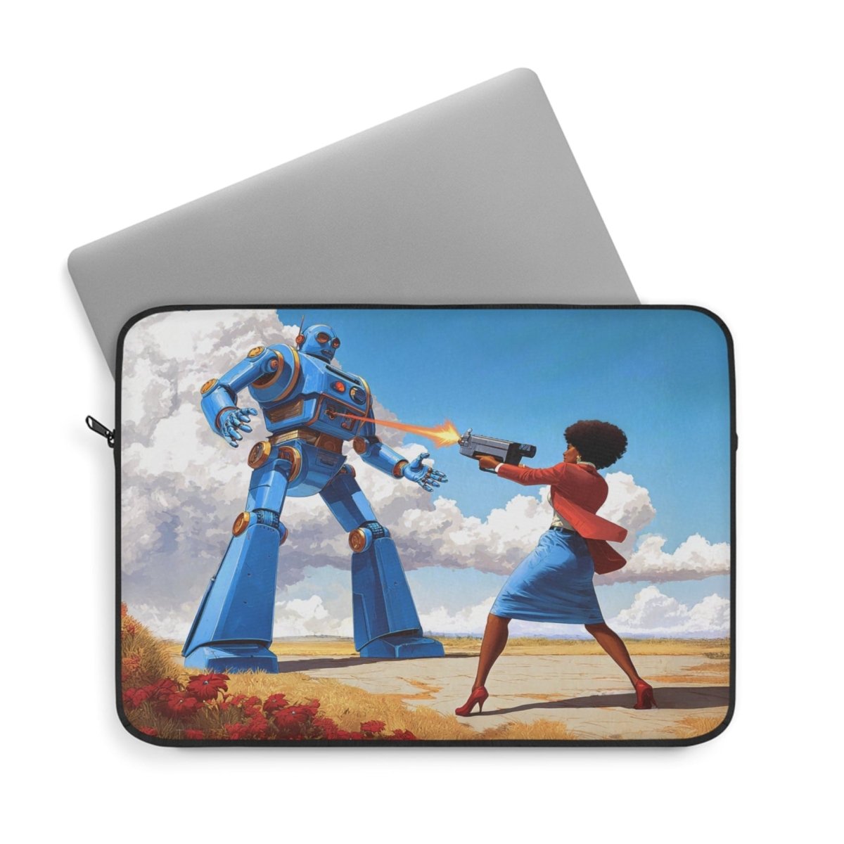 Laptop sleeve with illustration of an afro woman and robot on a desert landscape
