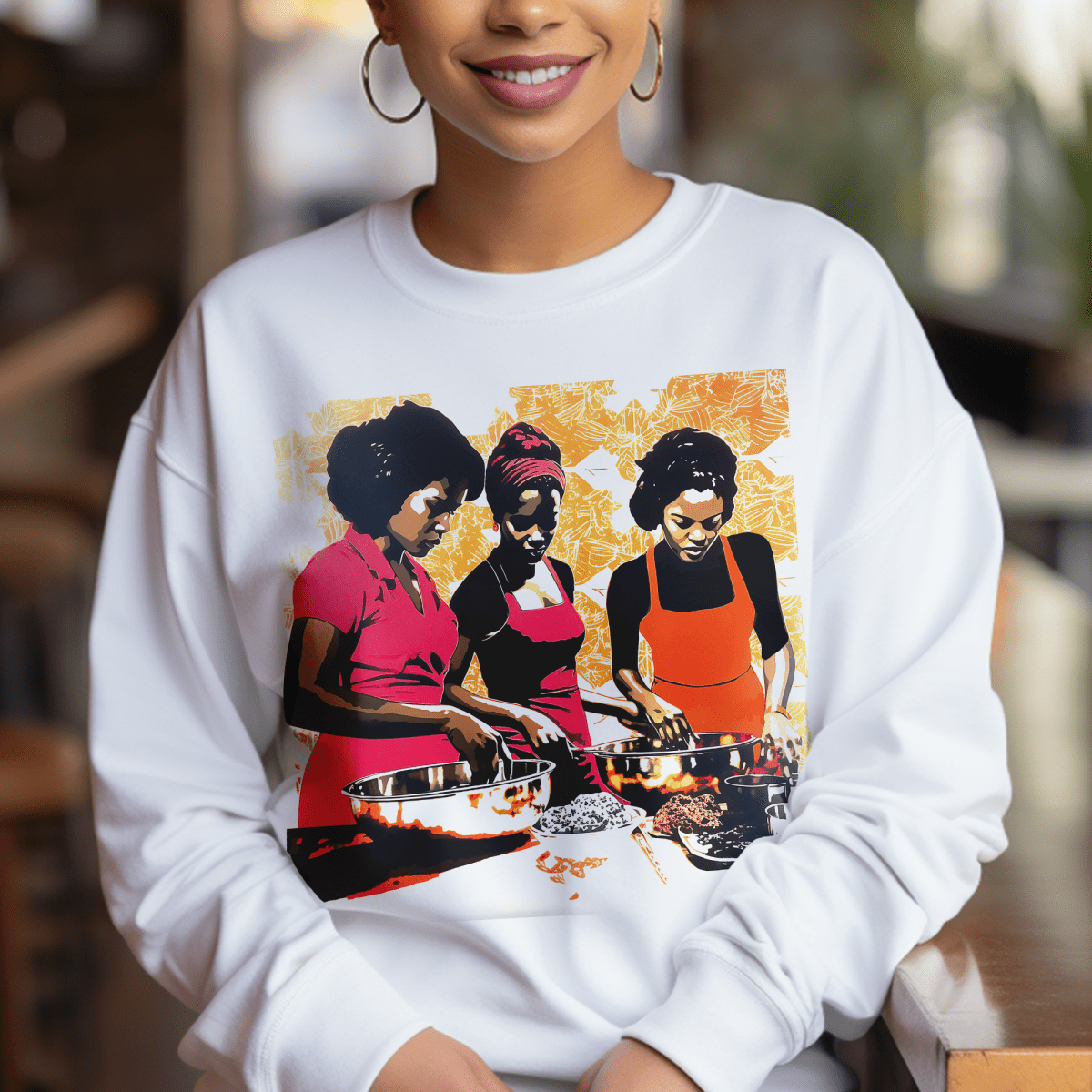 Cooking Women Sweatshirt - Afrocentric Art by The Trini Gee