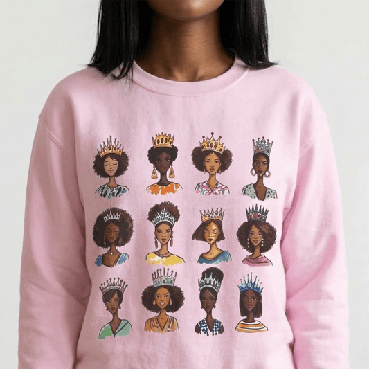 Crowned Queens Crewneck Sweatshirt - Afrocentric Art by The Trini Gee