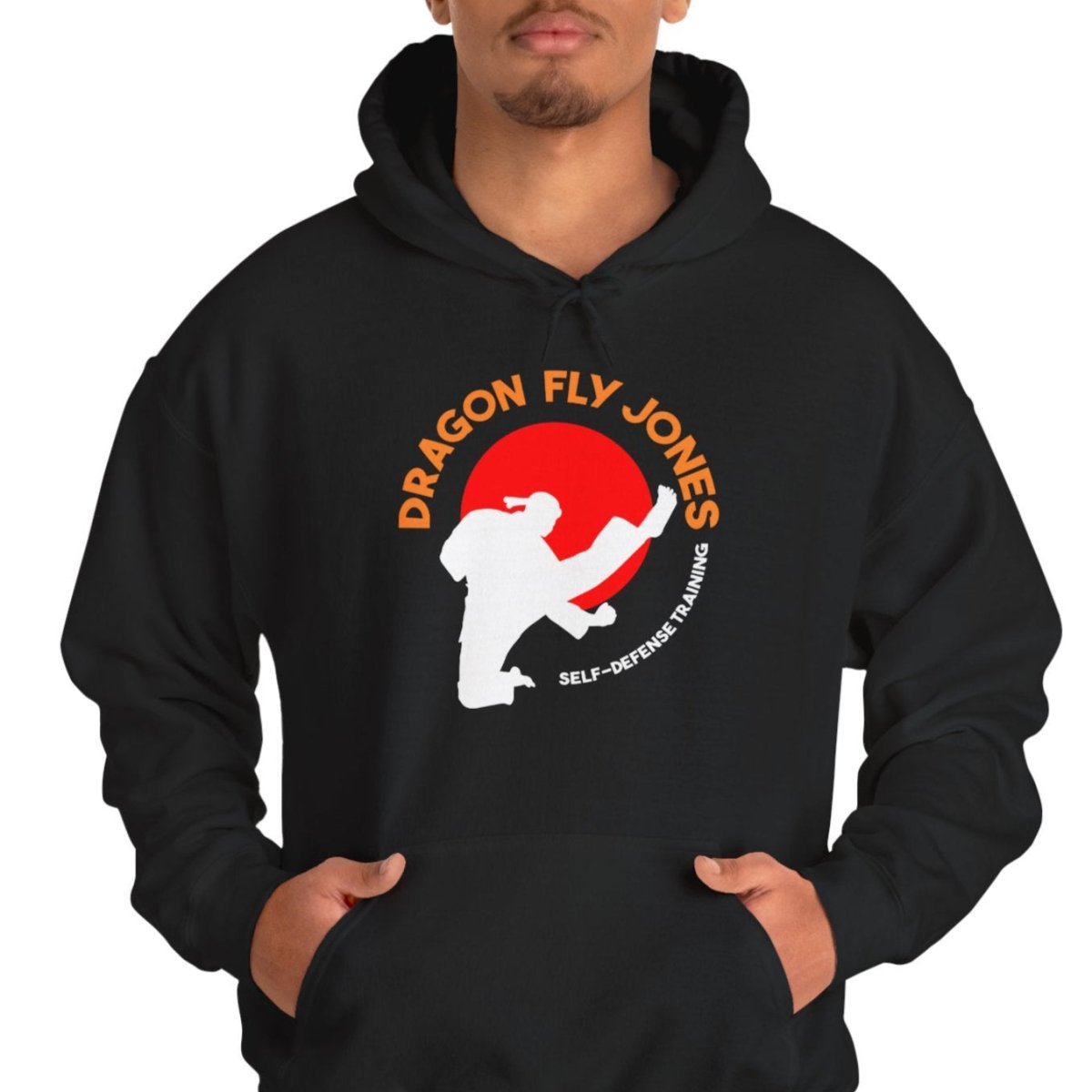 Hoodie features a Dragon Fly Jones design alongside a martial artist